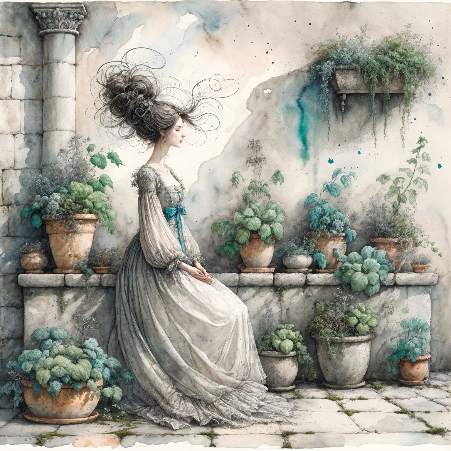 Young Woman in Elegant Dress Surrounded by Potted Plants