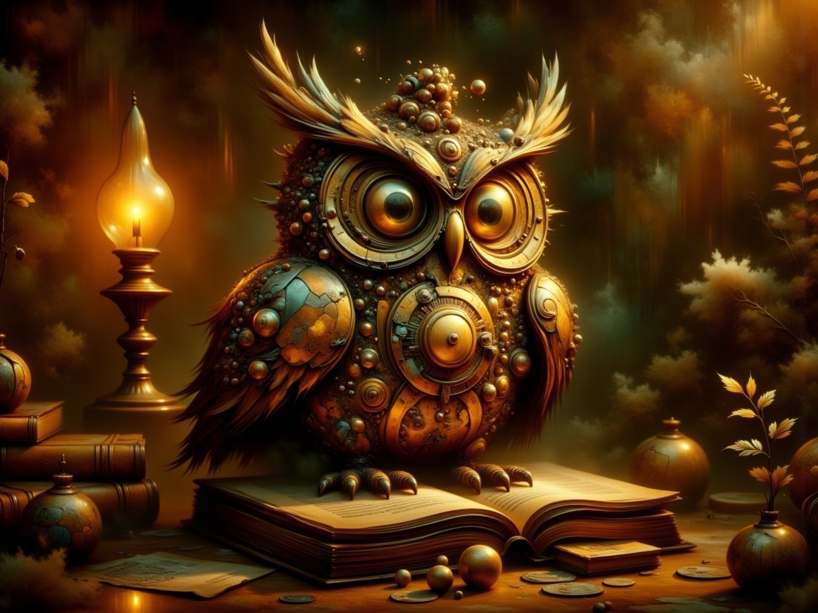 Steampunk Owl on Open Book with Lantern and Coins