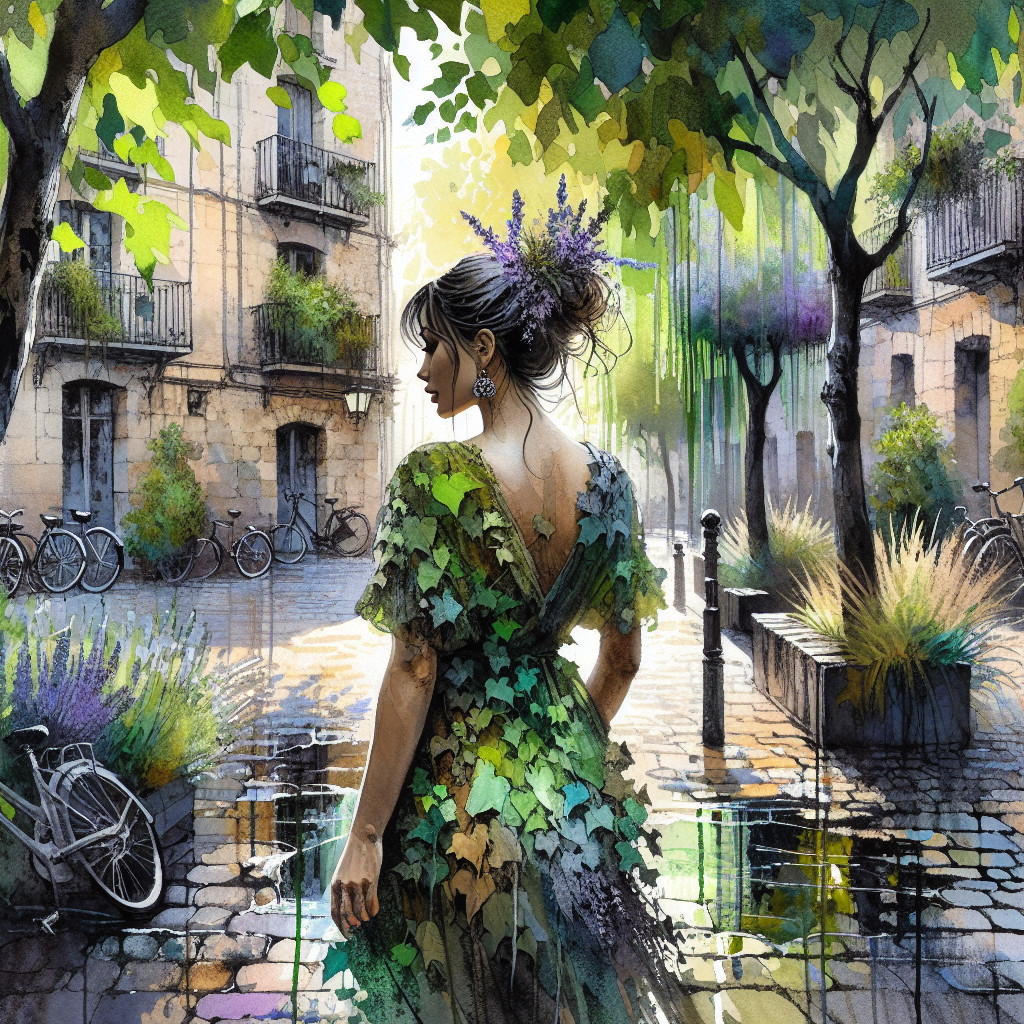 Woman in Vibrant Dress Amidst Picturesque Street Scene