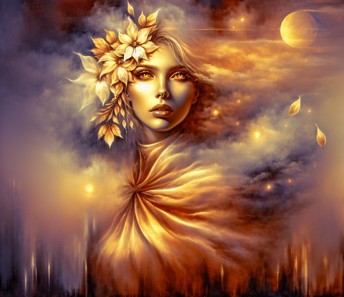 Portrait of a woman in golden clouds with flowers