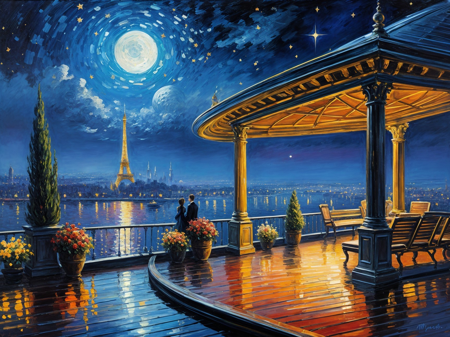 Romantic riverside terrace with Eiffel Tower view