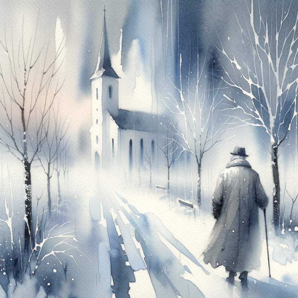 Solitary Figure Walking on Snowy Path to Church
