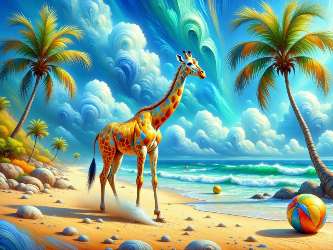 Vibrant Beach Scene with Giraffe and Palm Trees