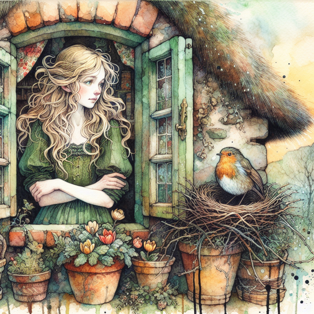 Young Woman by Rustic Window with Nature Elements