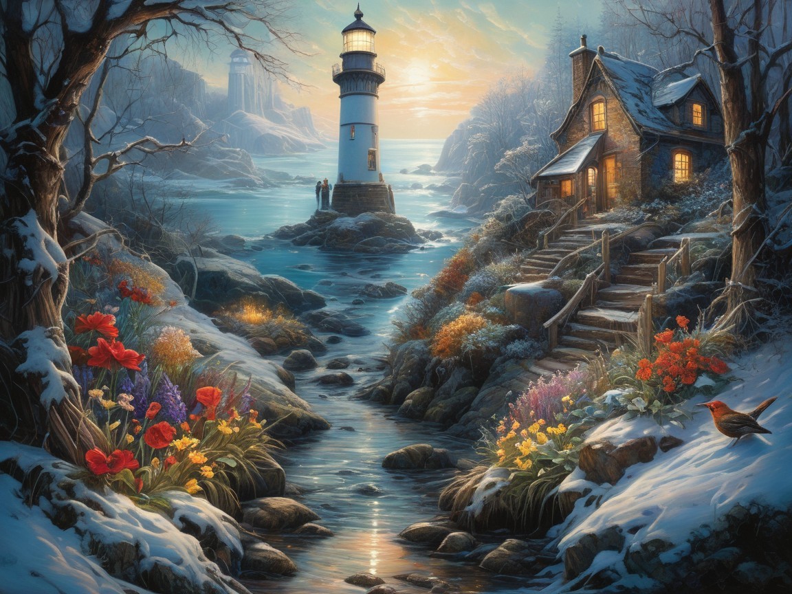Coastal Scene with Lighthouse and Charming Cottage