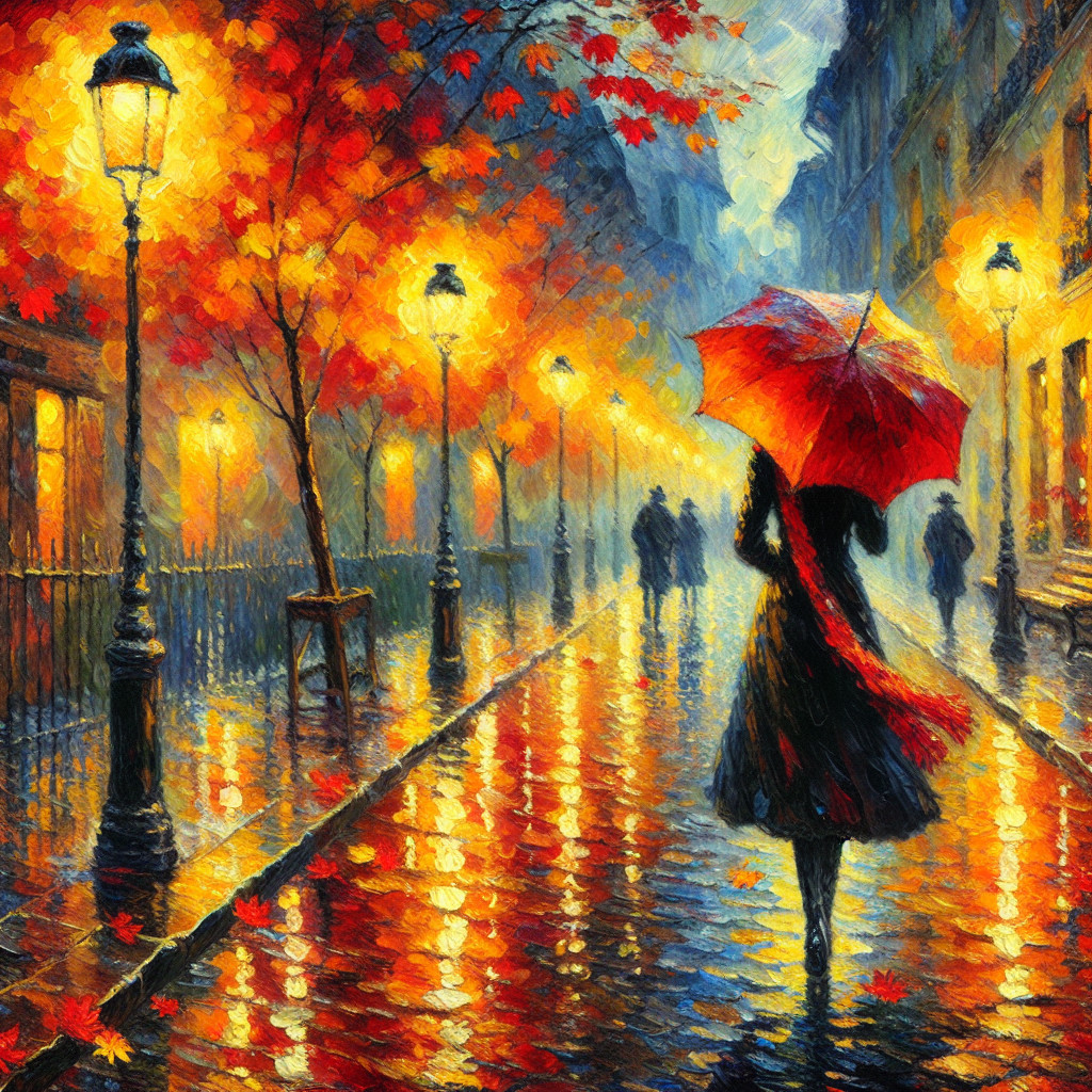 Impressionistic Rainy Street Scene with Autumn Colors