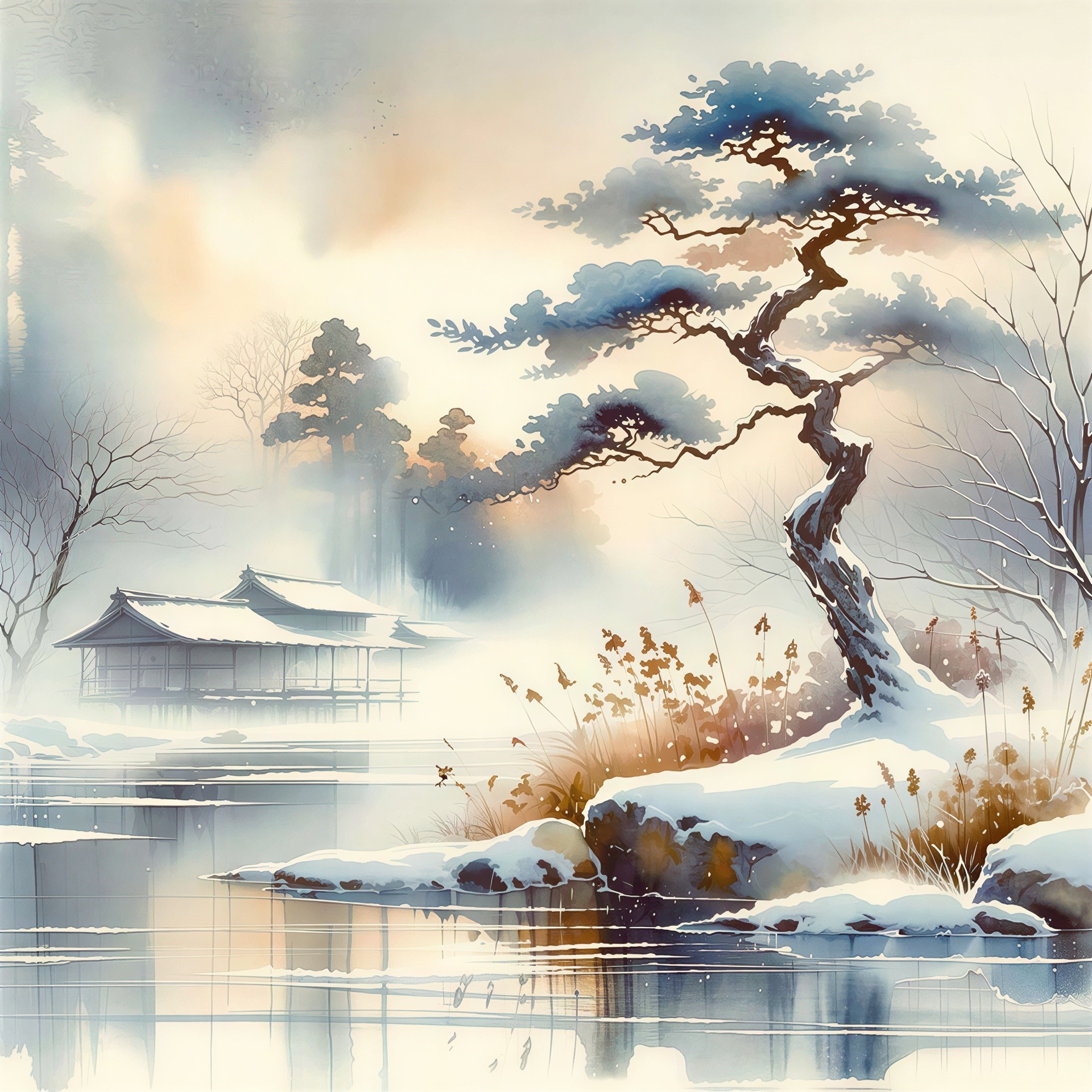 Watercolor Winter Landscape with Japanese Architecture