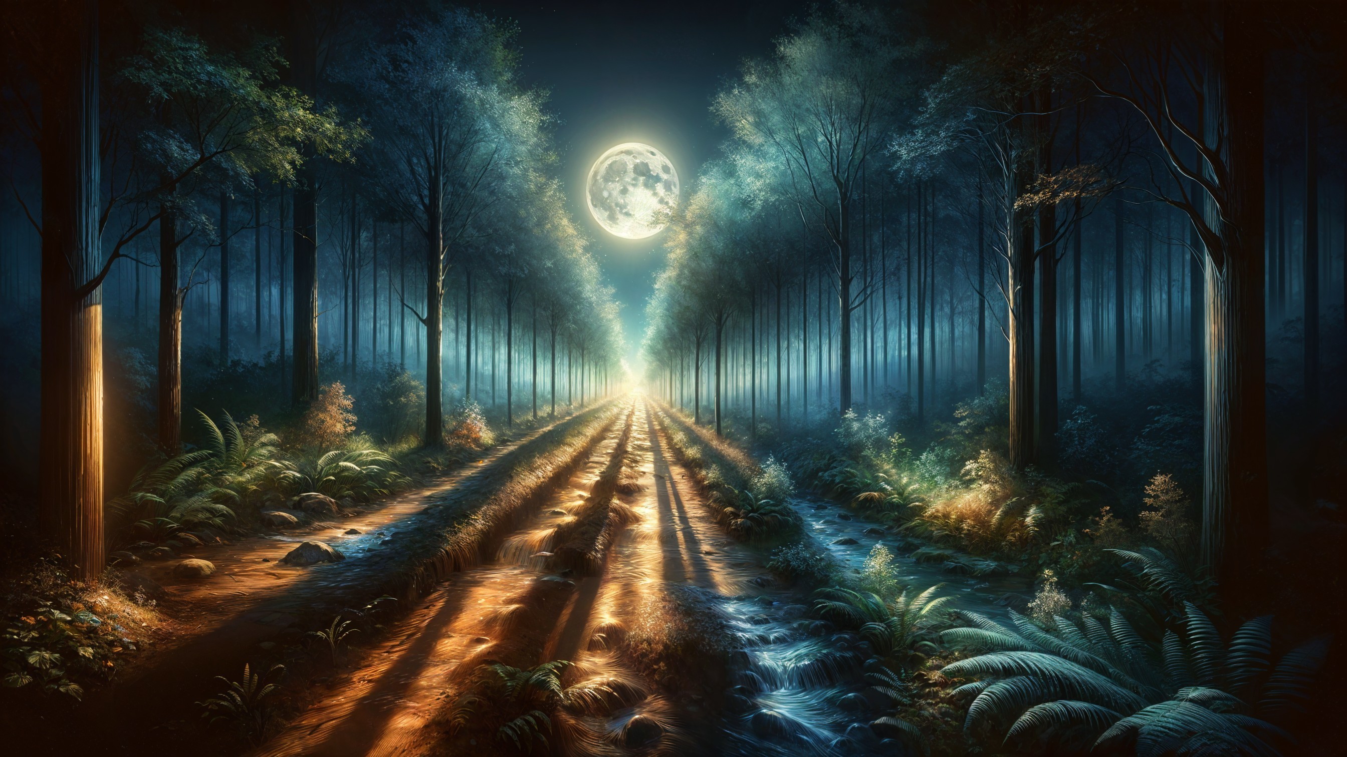 Moonlit Forest Path with Lush Foliage and Streams
