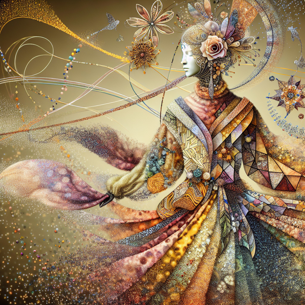 Detailed figure in vibrant patterned gown with embellishments