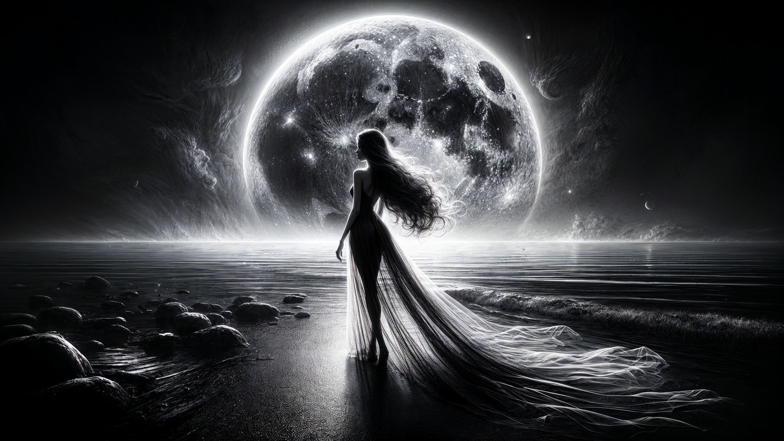 Mysterious Figure by the Shore Under Full Moonlight