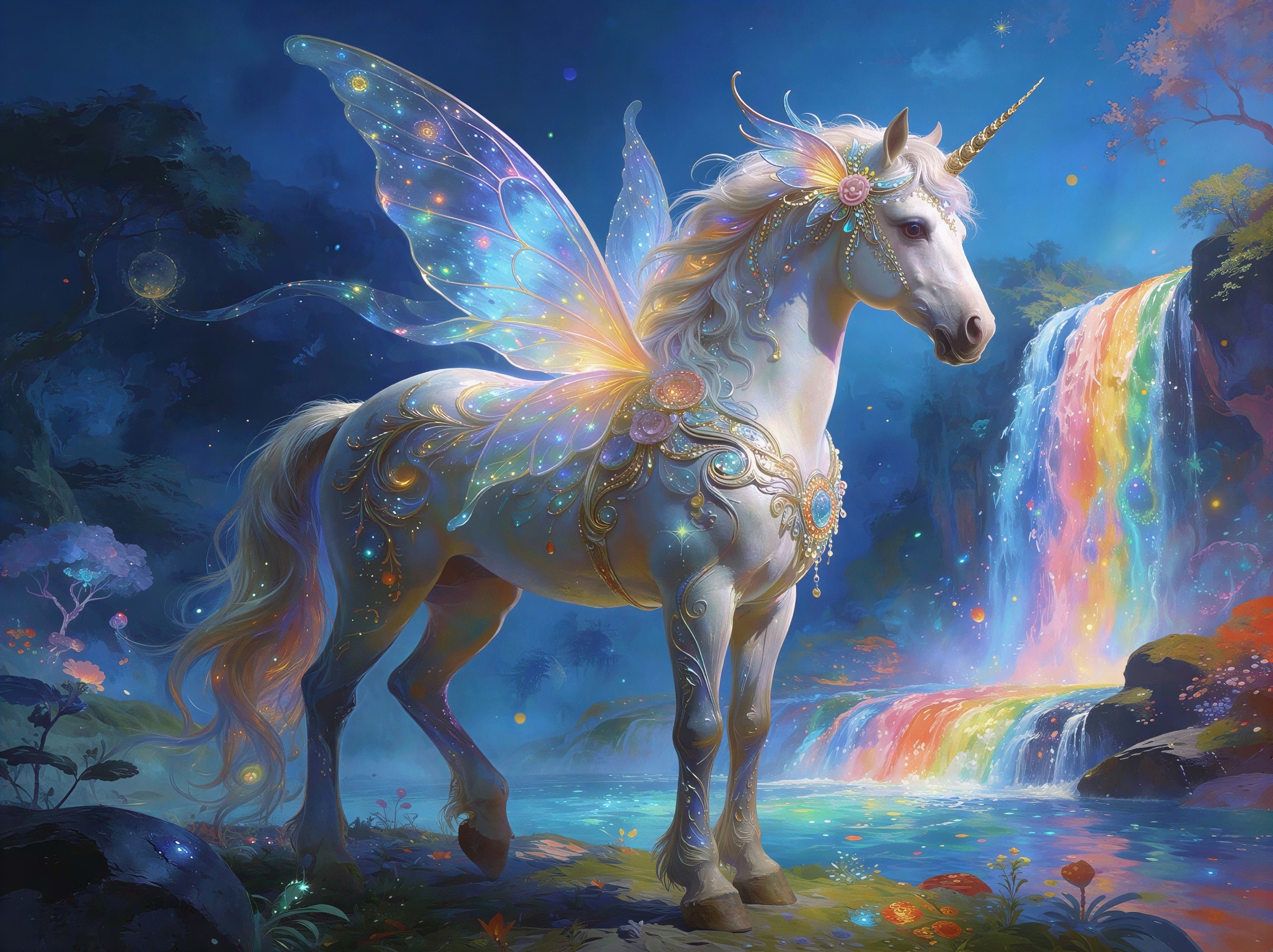 Unicorn with Iridescent Wings by Rainbow Waterfall
