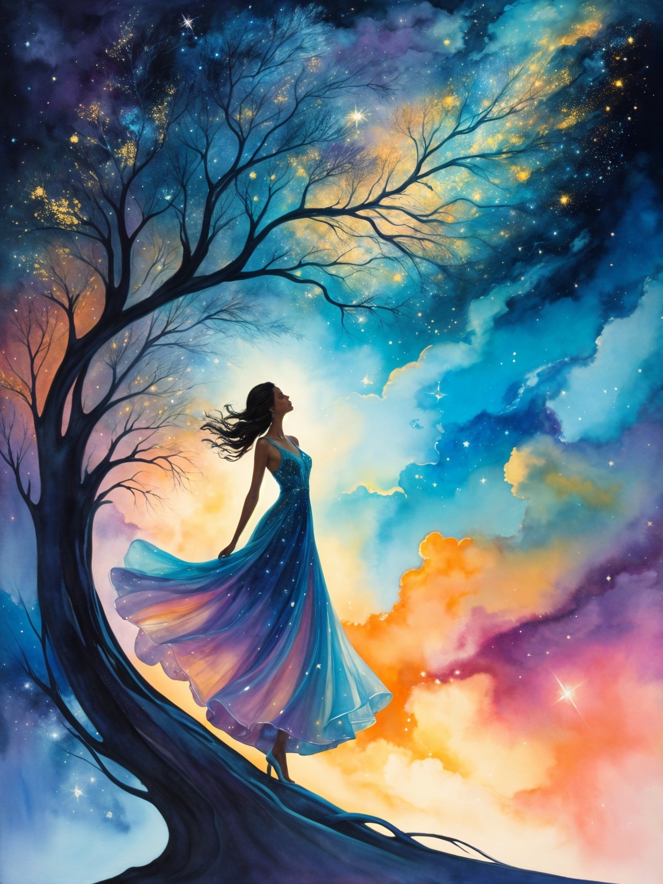 Ethereal Woman in Vibrant Dress by Whimsical Tree