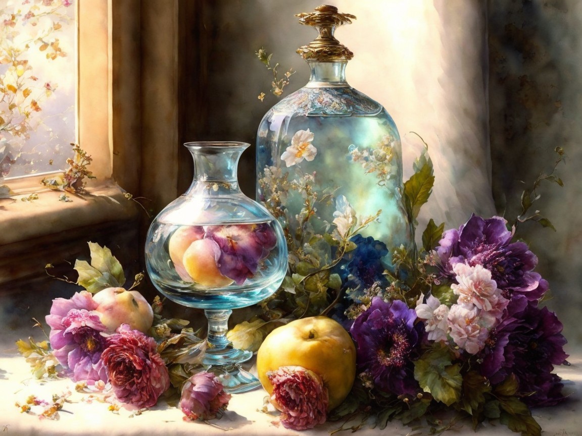 Elegant still life with glass bottles and vibrant flowers