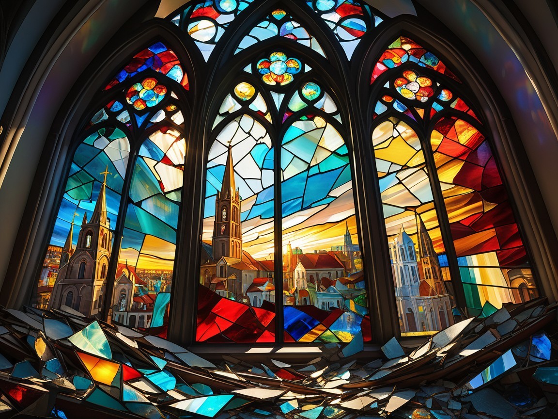 Stained Glass Window with Skyline and Sunset Colors