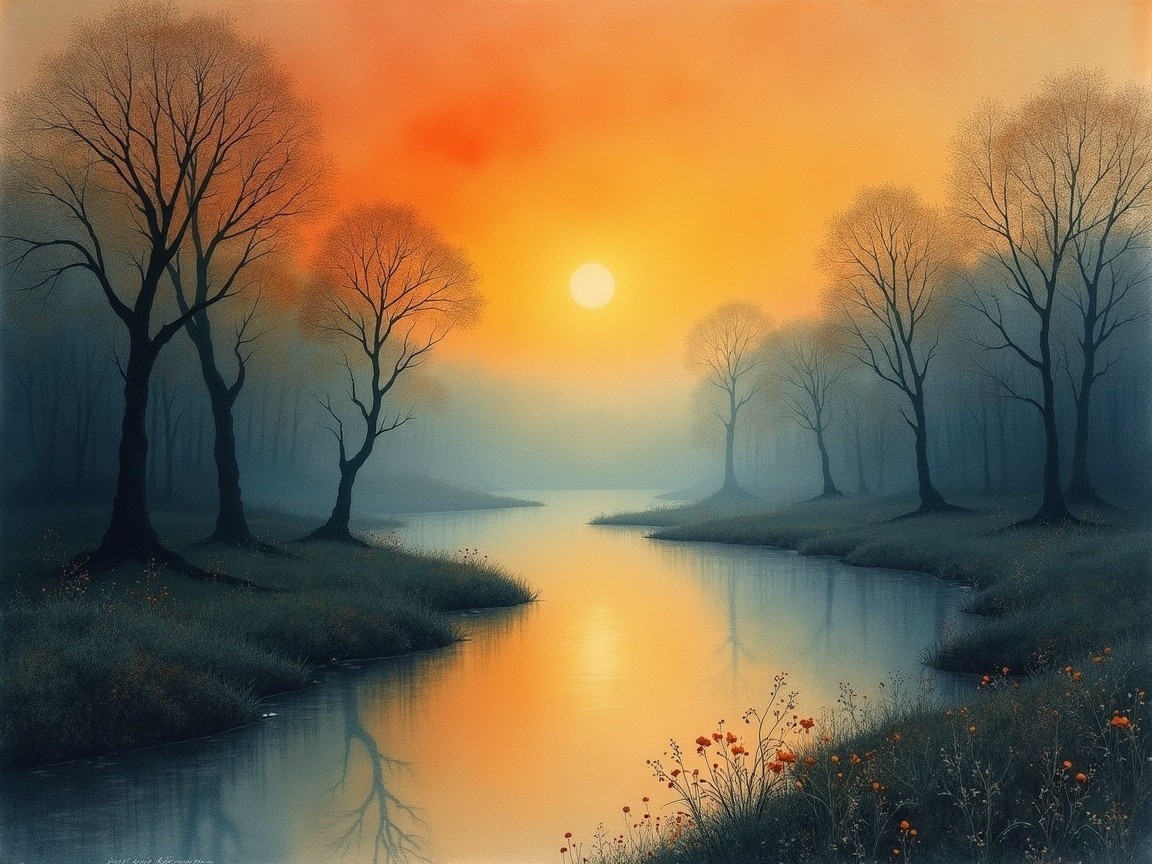 Tranquil River in Misty Dawn Landscape with Flowers