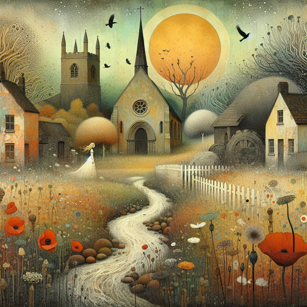 Whimsical Landscape with Stream and Quaint Cottages