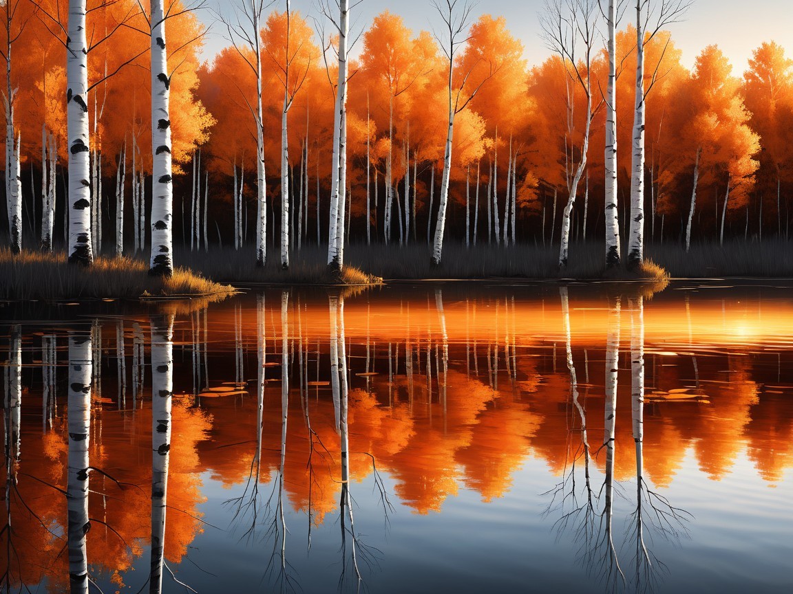 Tranquil Autumn Landscape with Pond and Birch Trees