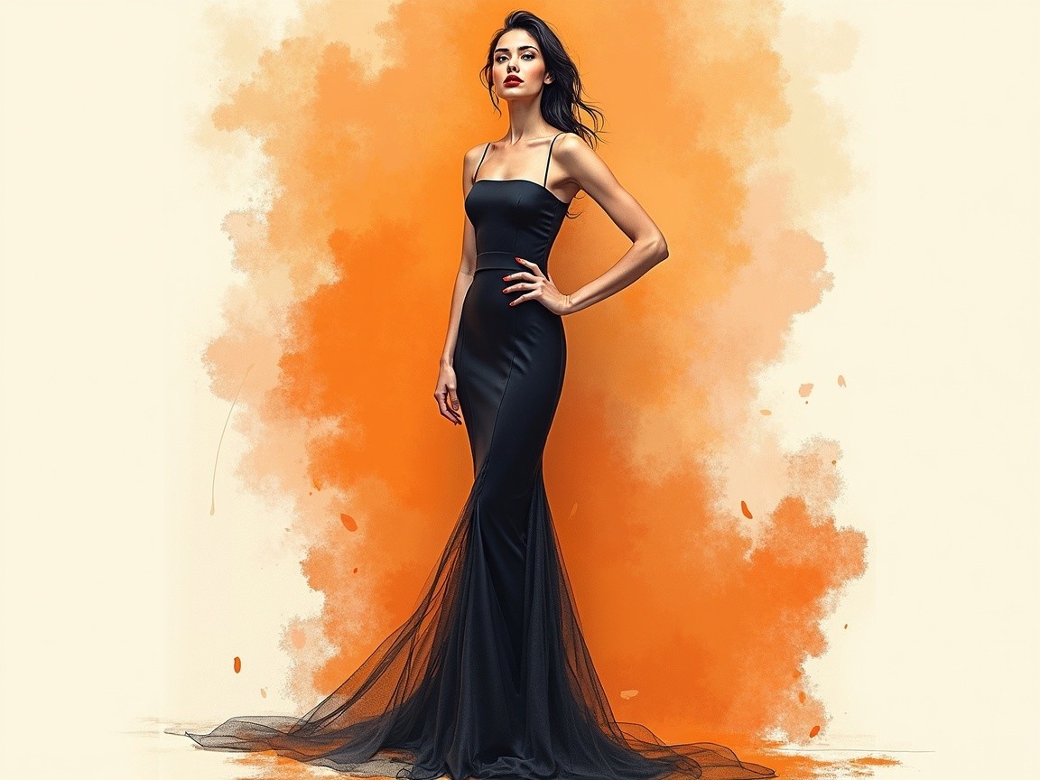 Elegant Black Gown with Dramatic Tulle Train