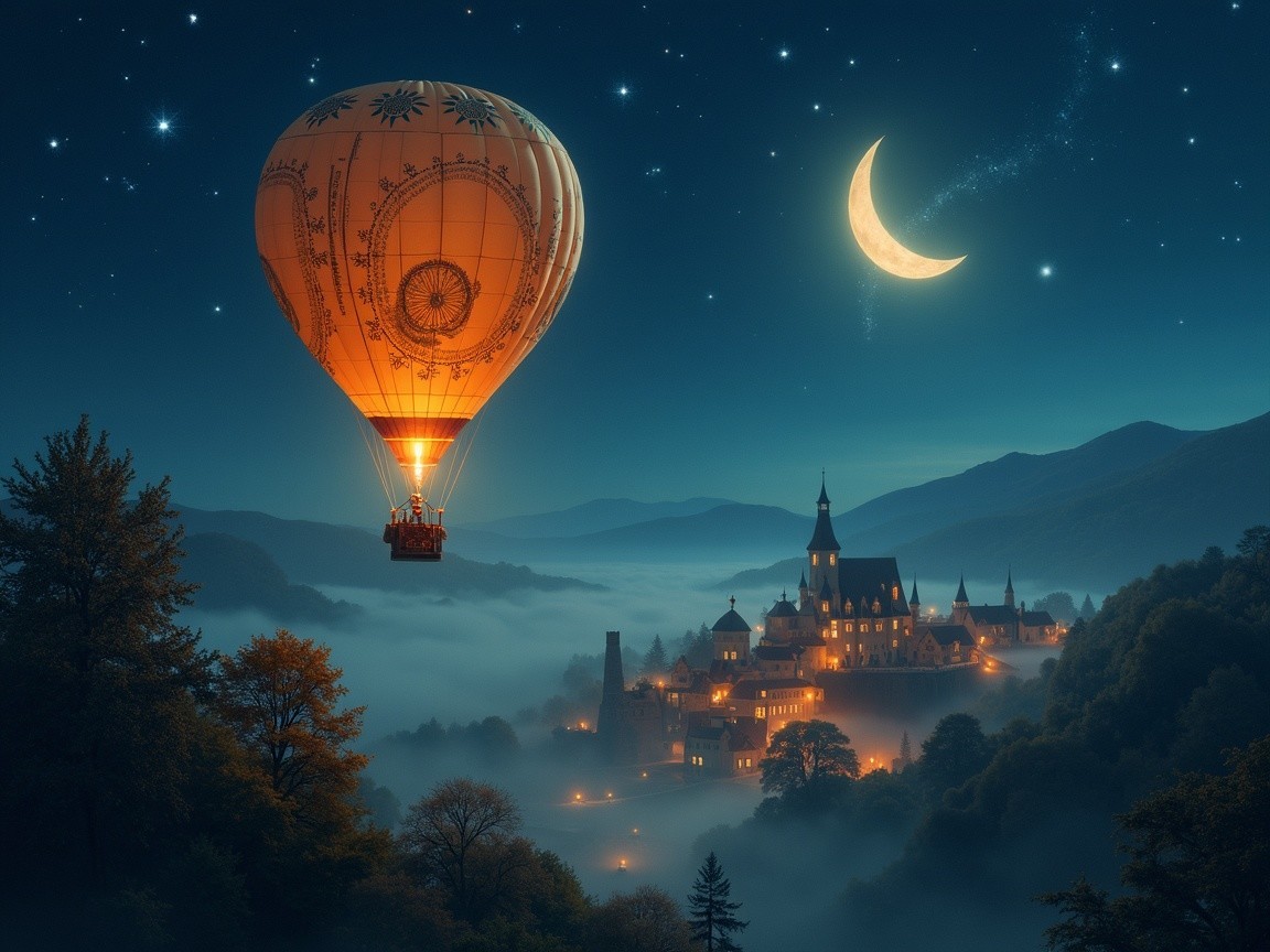 Glowing Hot Air Balloon Over Misty Landscape at Night