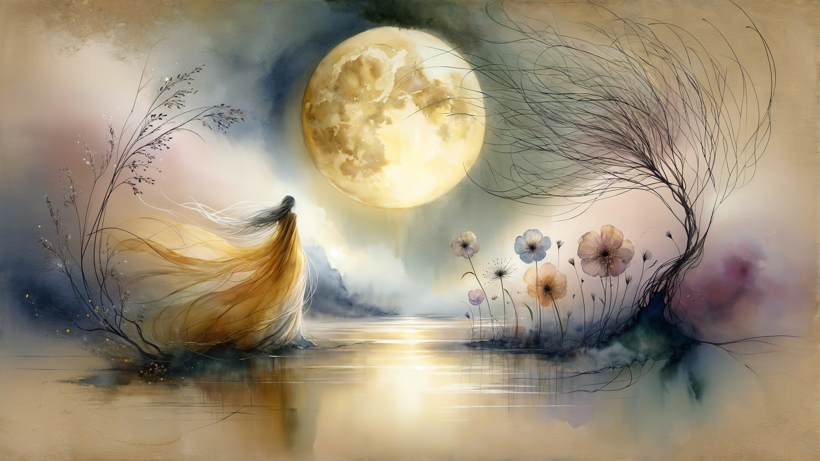 Mystical Scene with Serene Figure and Full Moon