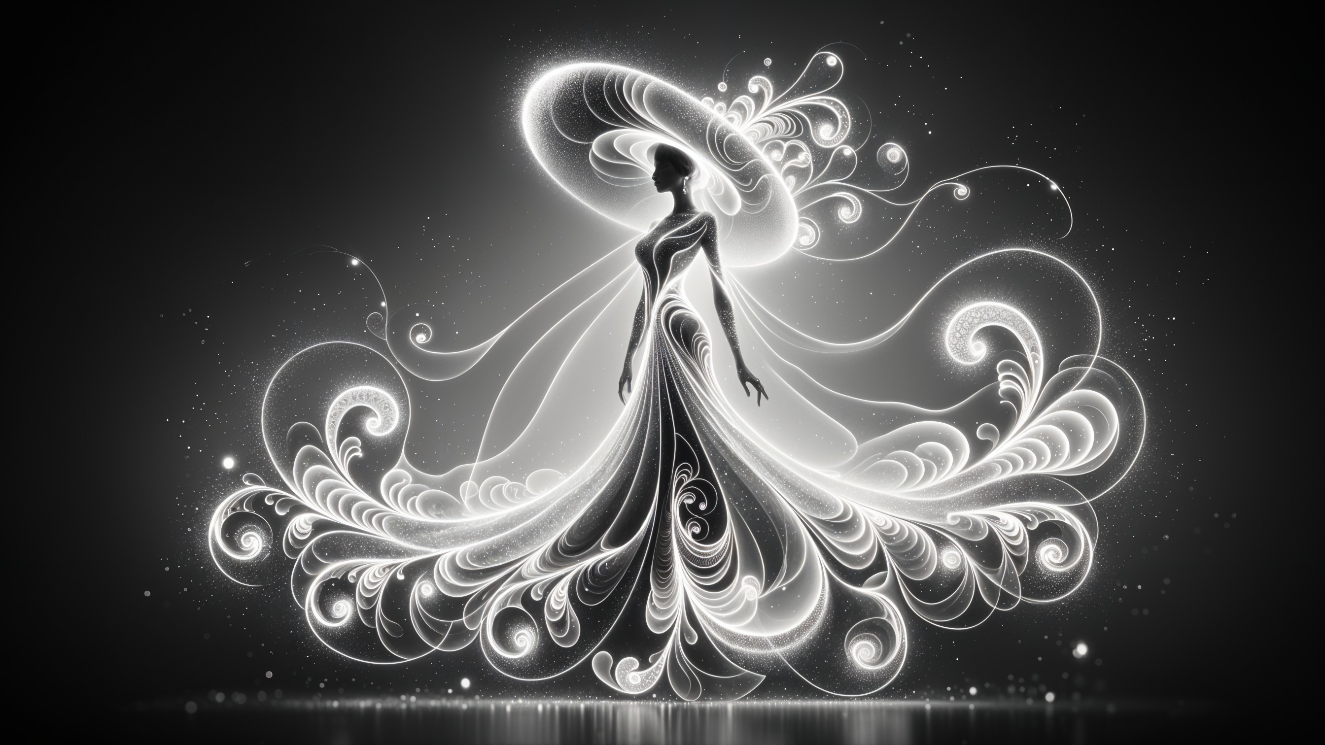 Silhouette of a Woman in an Elegant Gown and Hat