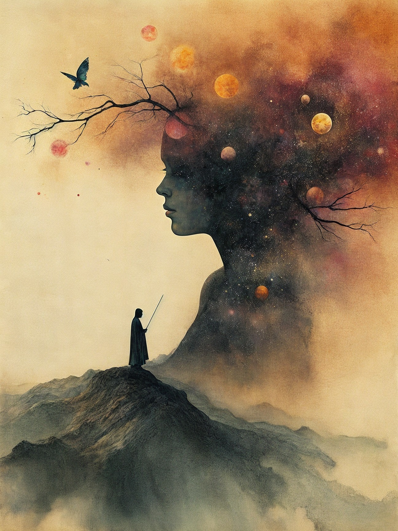 Solitary Figure with Sword on Rugged Mountain Landscape