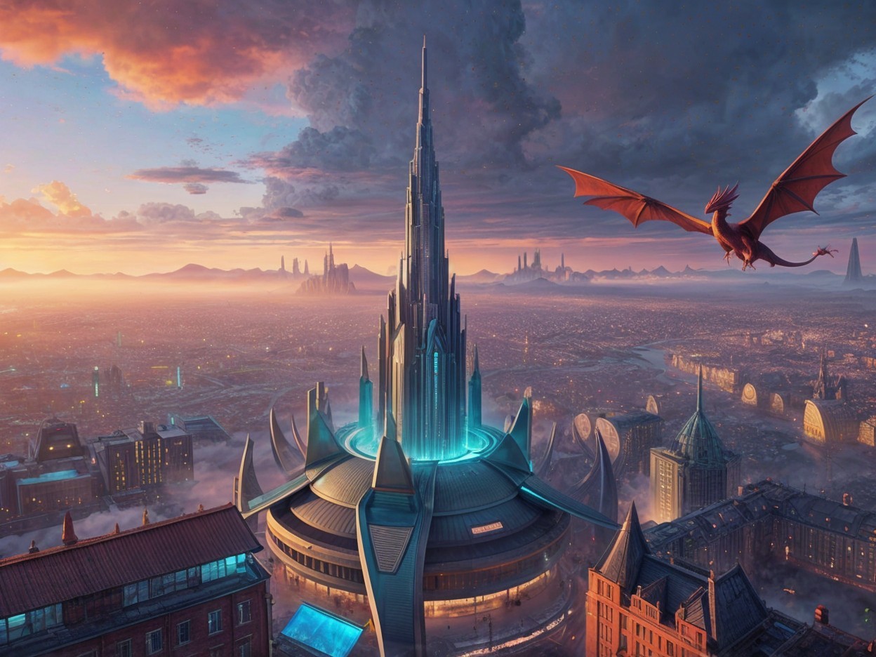 Futuristic cityscape with crystalline spire and dragon