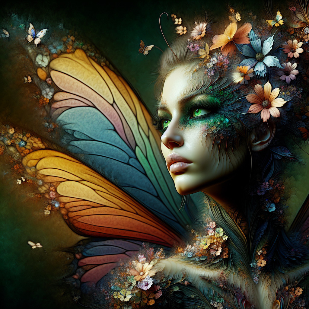 Surreal Artwork of Woman with Butterfly Wings and Nature