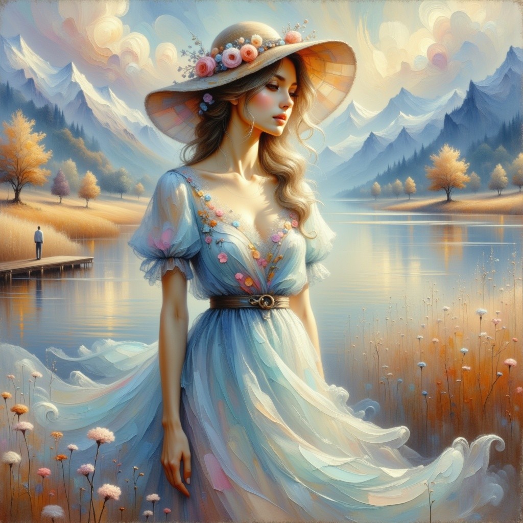 Serene Landscape with Young Woman by Tranquil Lake