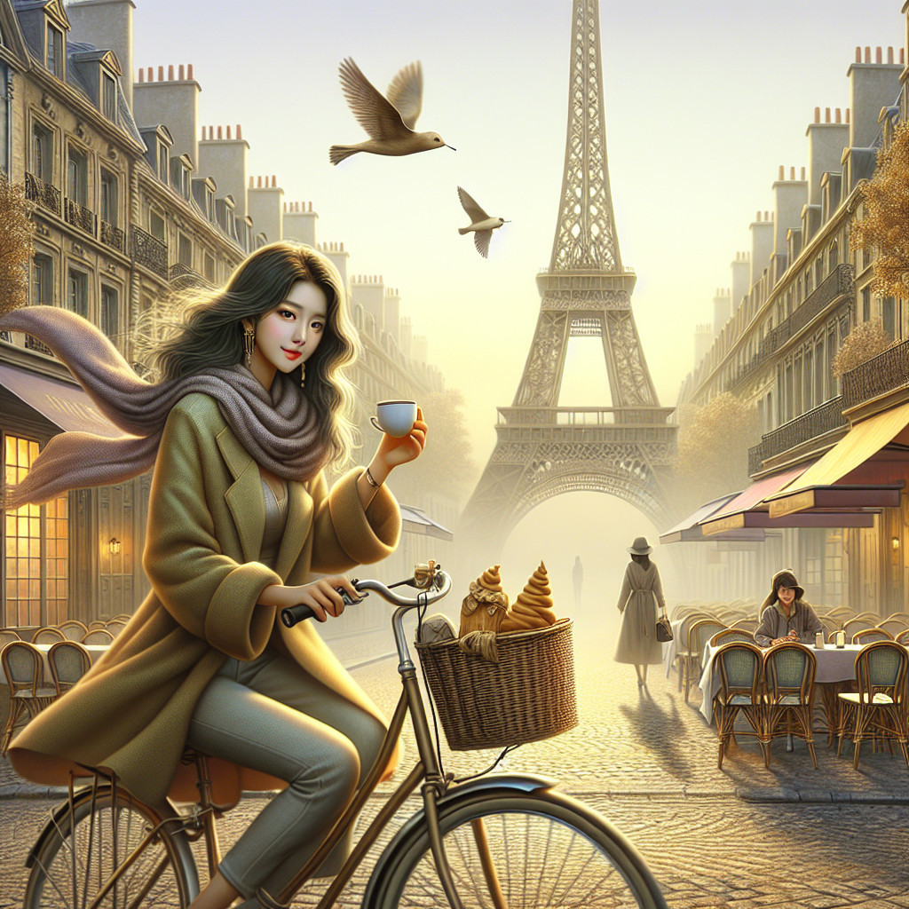 Young Woman Biking in Paris with Coffee and Eiffel Tower