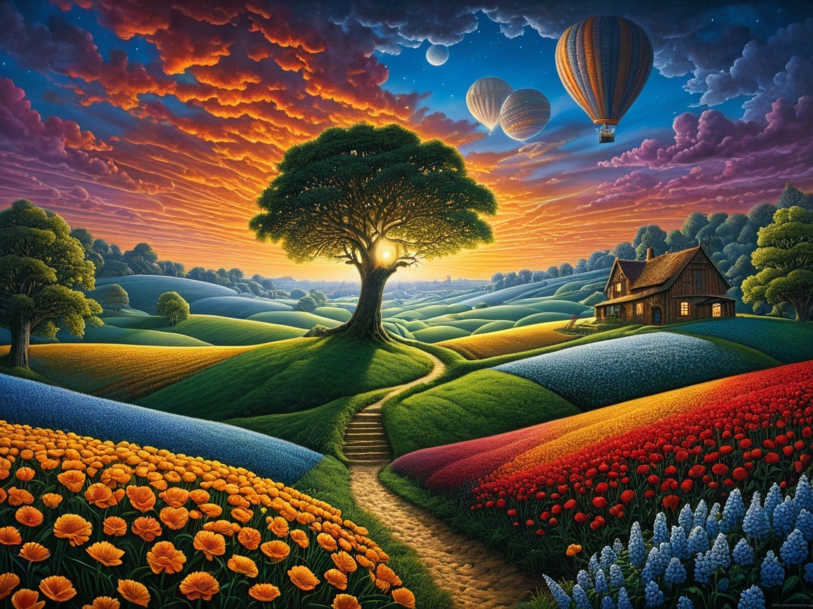 Vibrant Landscape with Colorful Flowers and Balloons