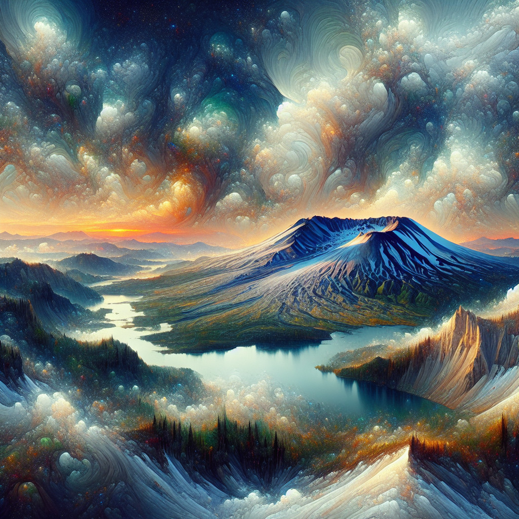 Surreal Landscape with Majestic Mountain and Lake
