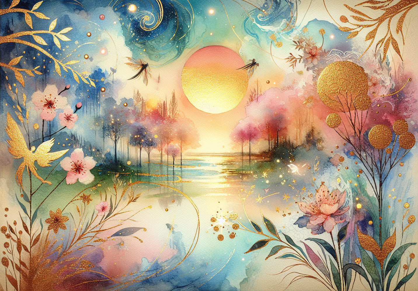 Dreamlike Landscape with Serene Lake and Pastel Hues