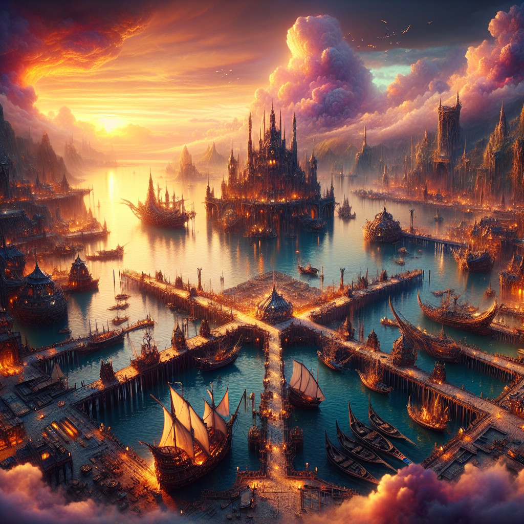 Illuminated Harbor at Sunset with Majestic Ships