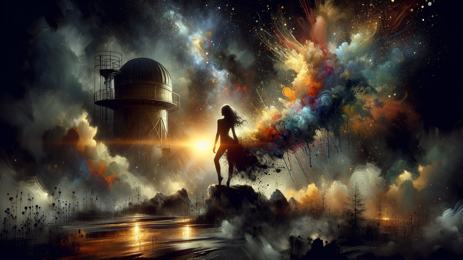 Silhouette of a Woman Against Cosmic Backdrop