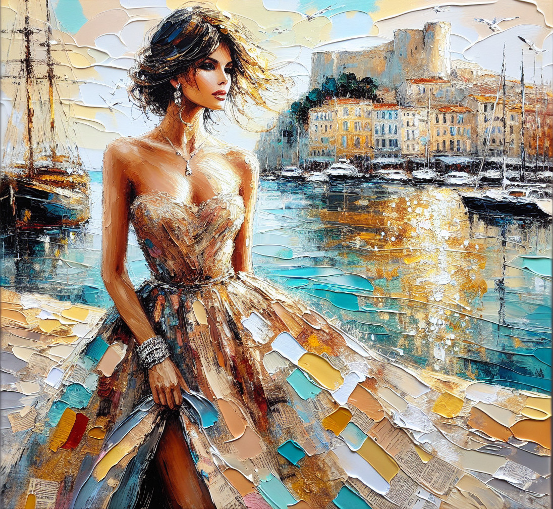 Elegant Woman in Gown by Serene Harbor Scene