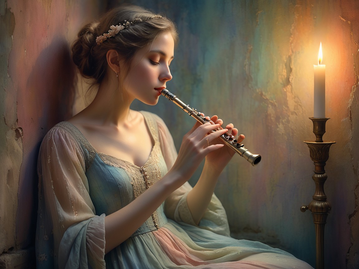 Young Woman in Pastel Gown Playing Silver Flute