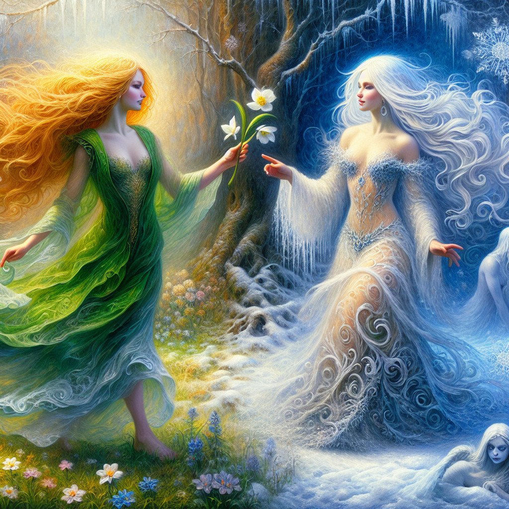 Ethereal Figures Representing Seasons in Mystical Landscape