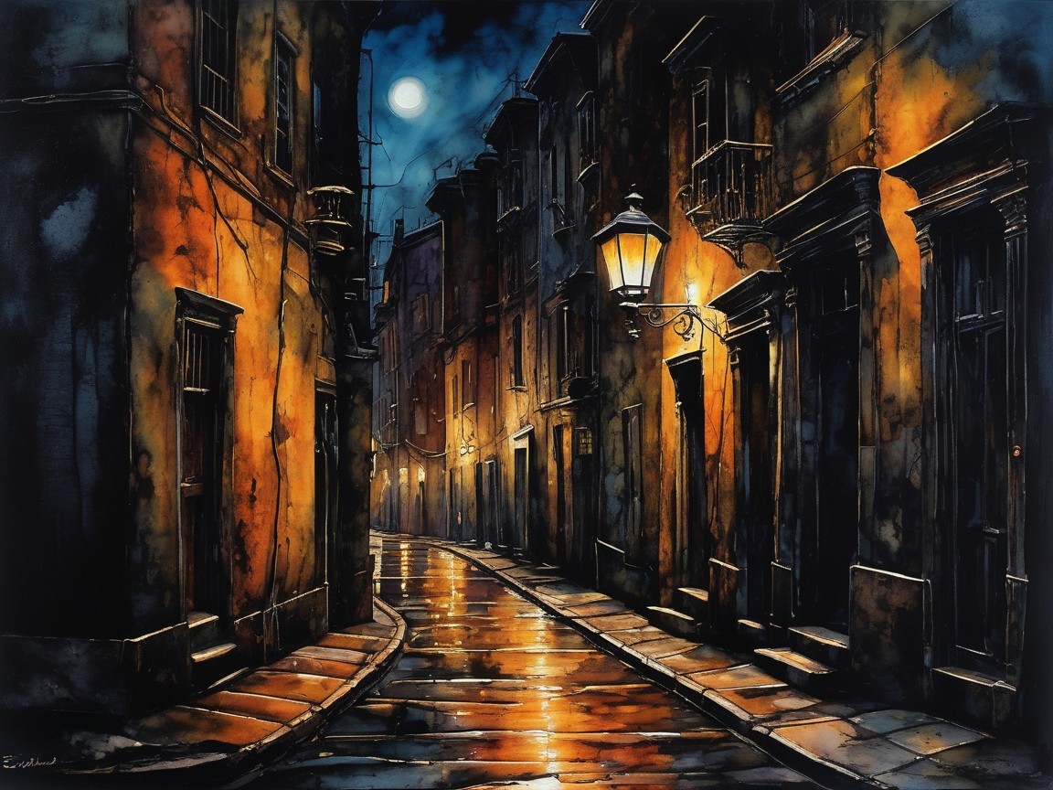 Narrow Street with Lanterns and Moonlit Cobblestones