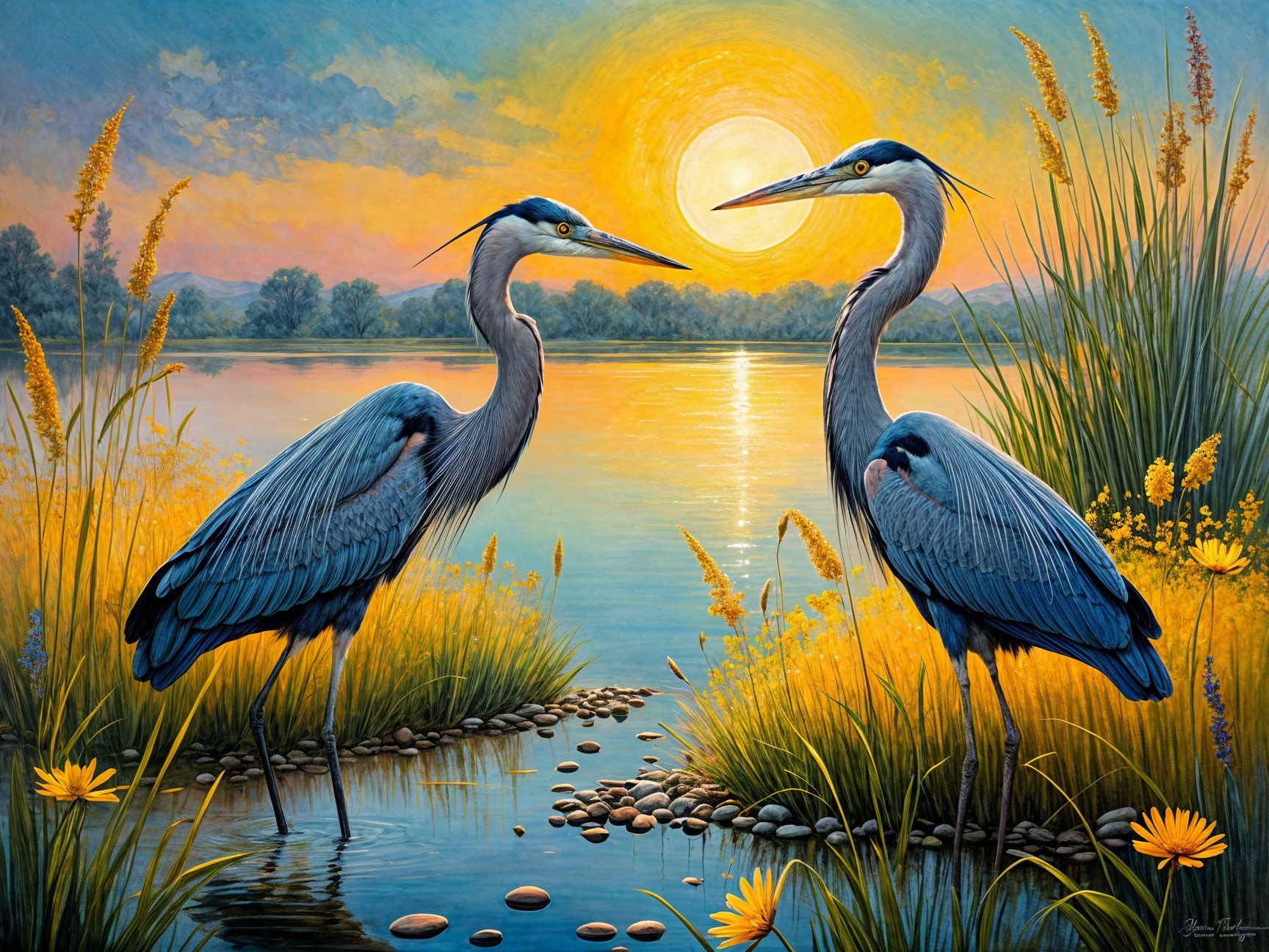 Herons by a serene lake at sunrise with vibrant colors
