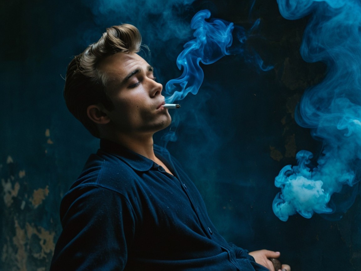 Young man in contemplative pose against dark wall