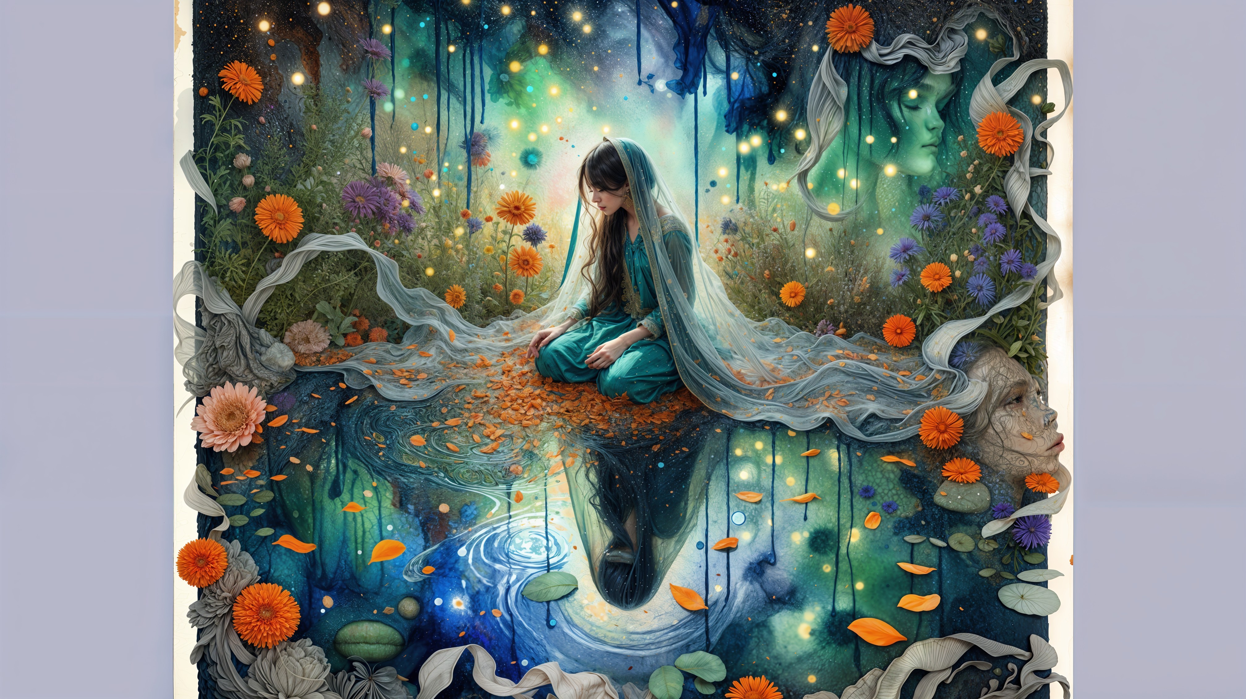 Serene girl by tranquil pond with vibrant flowers