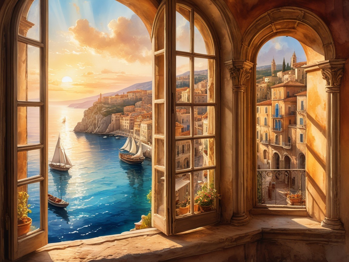 View of a Coastal Village from a Quaint Window