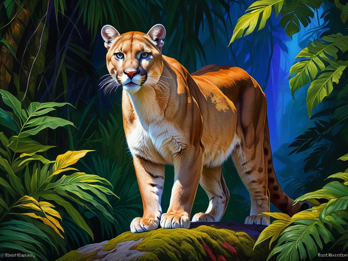 Cougar on Rock Surrounded by Lush Jungle Foliage
