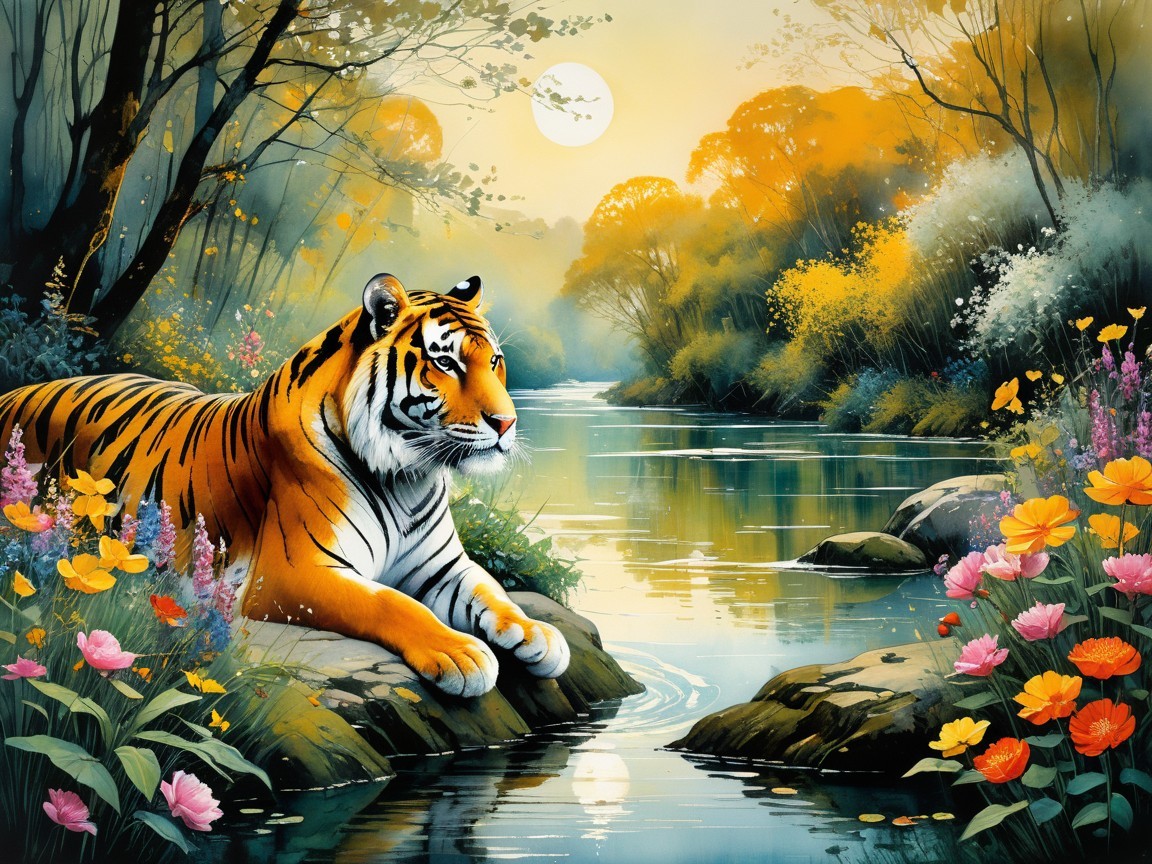 Tiger by Tranquil River with Wildflowers and Sunlight