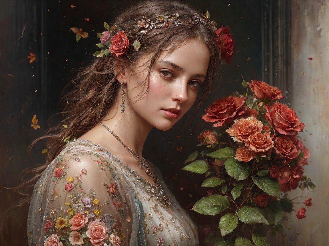 Young woman in floral crown with embroidered gown