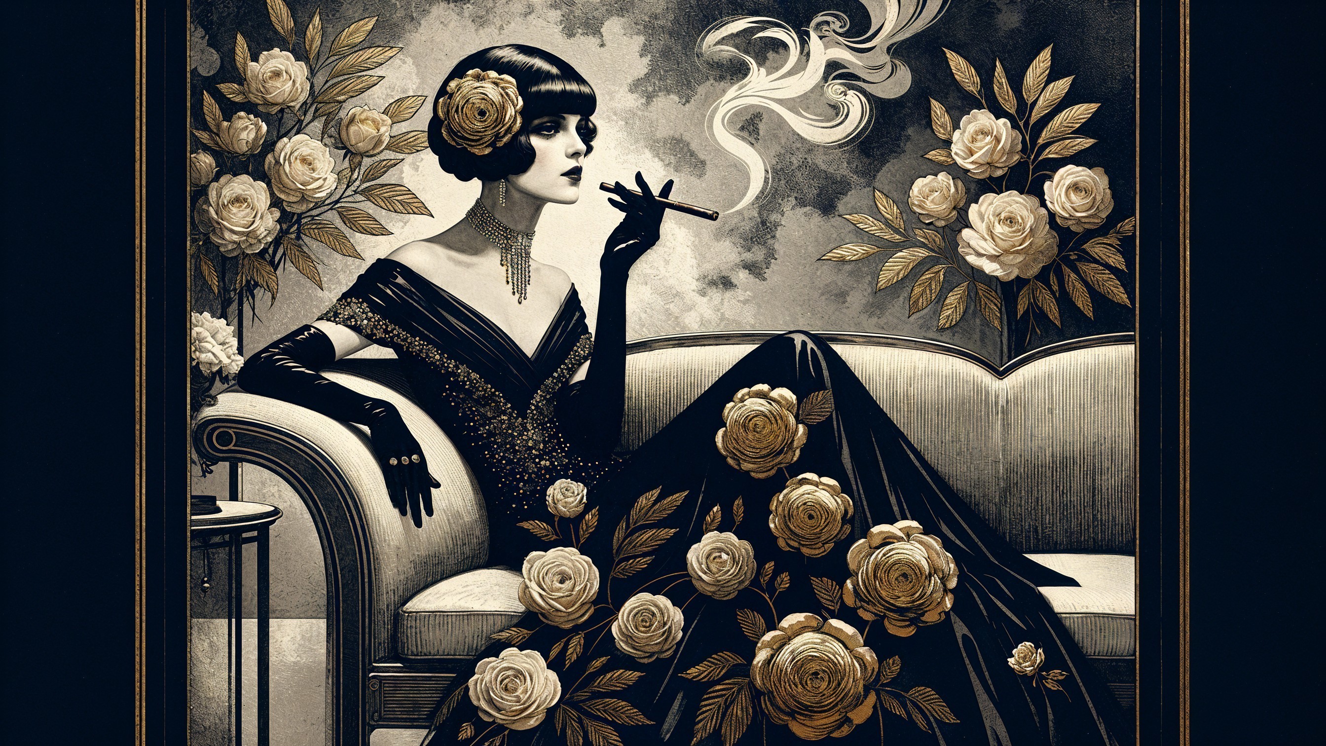 1920s Glamorous Woman in Vintage Attire and Roses