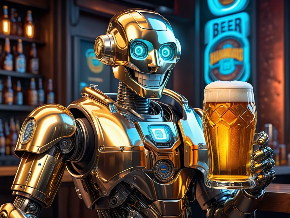 Golden Robot with Beer in a Lively Bar Setting