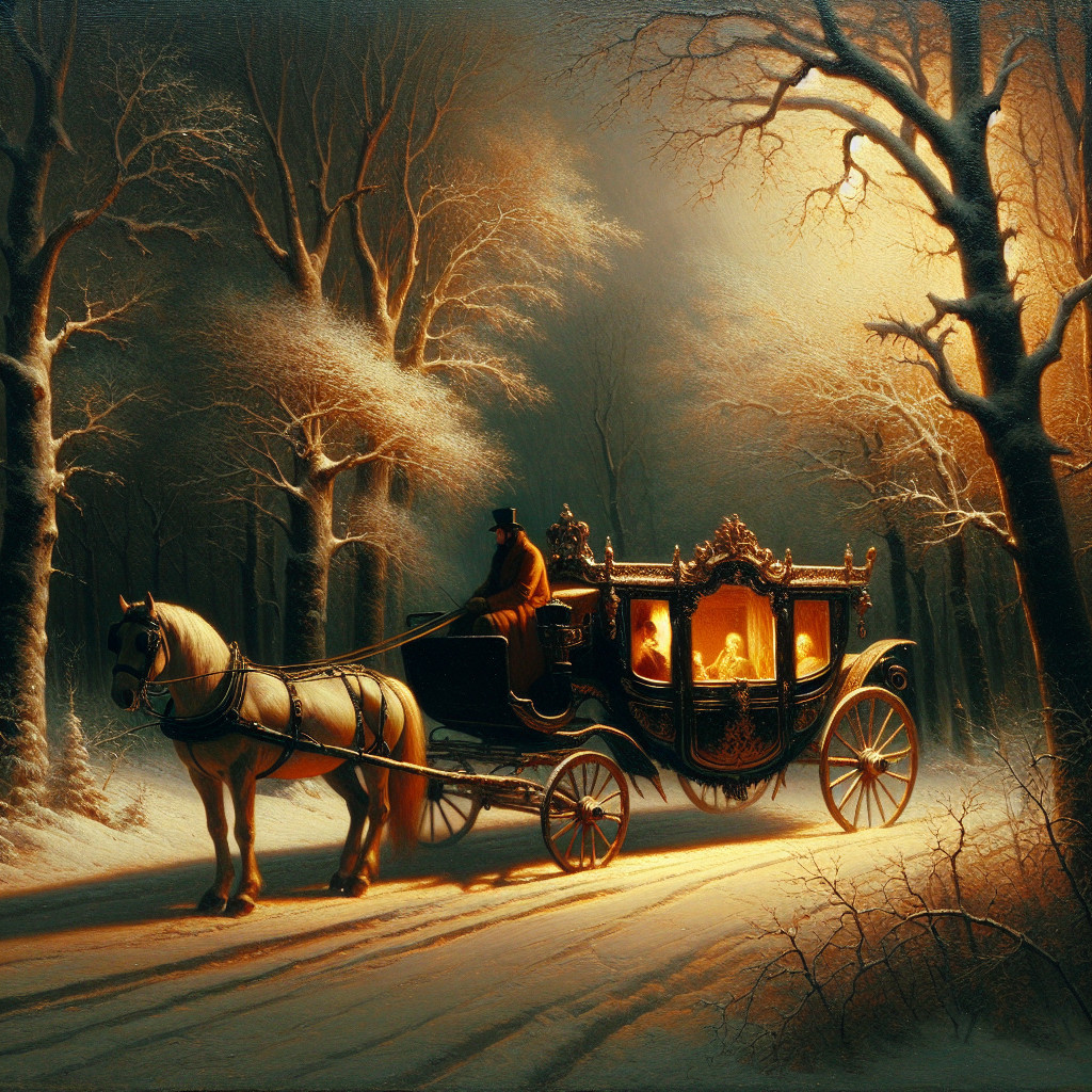 Horse-Drawn Carriage in Snowy Winter Forest Scene