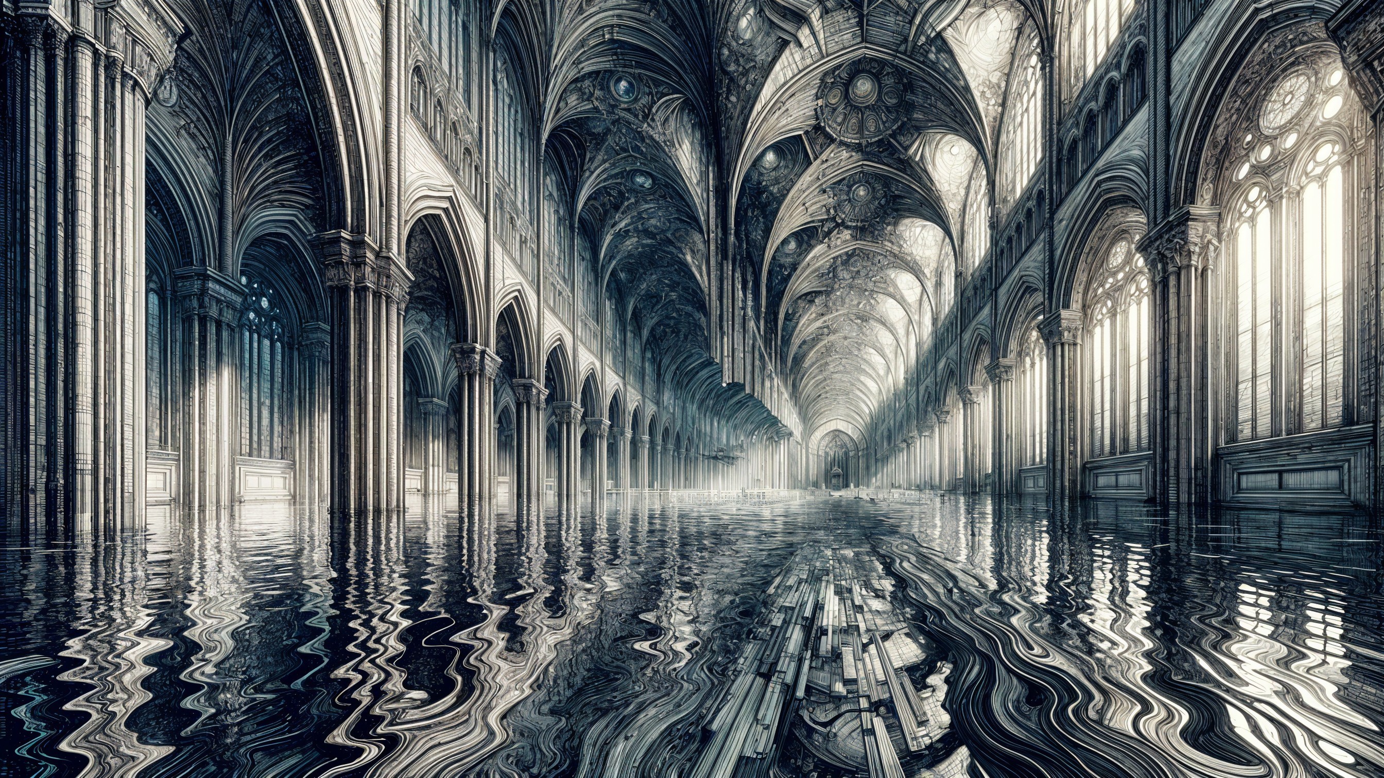 Surreal Cathedral Interior with Water Reflections
